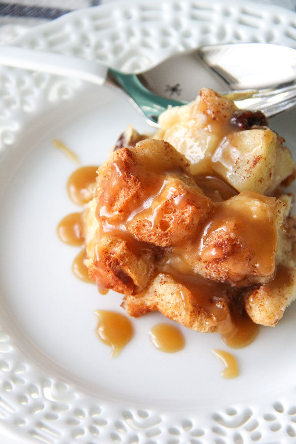 Apple bread pudding with carmel sauce drizzle