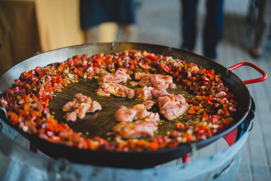 Paella cooking with chicken