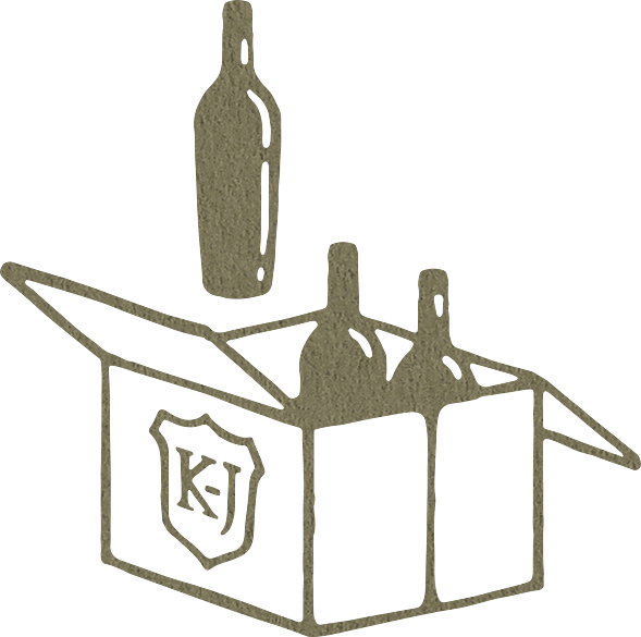 An illustration of wine bottles in a box with the K-J emblem on the side.