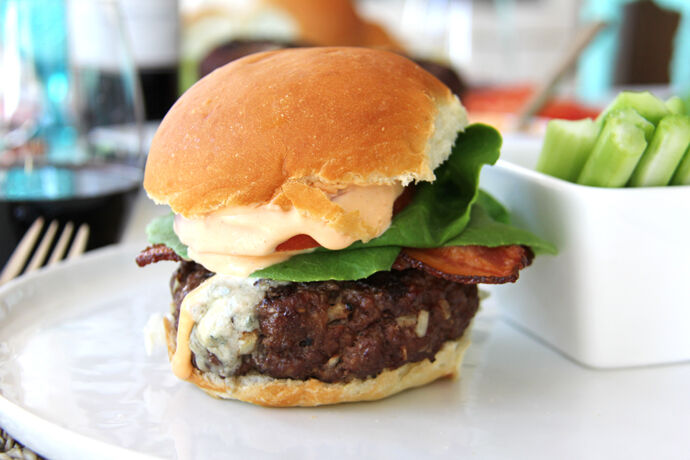 Blue Cheese Stuffed Burgers with Buffalo Wing Mayo