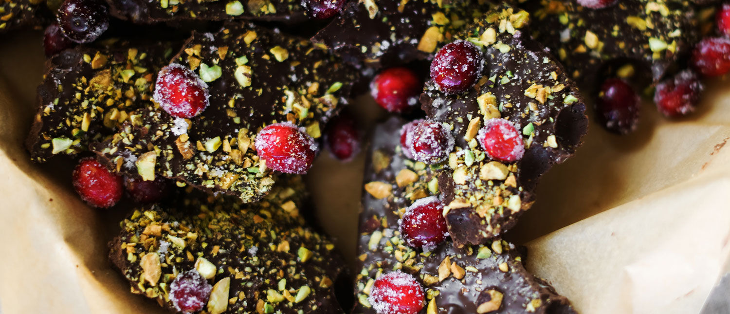 Sugared Cranberry & Pistachio Dark Chocolate Bark 